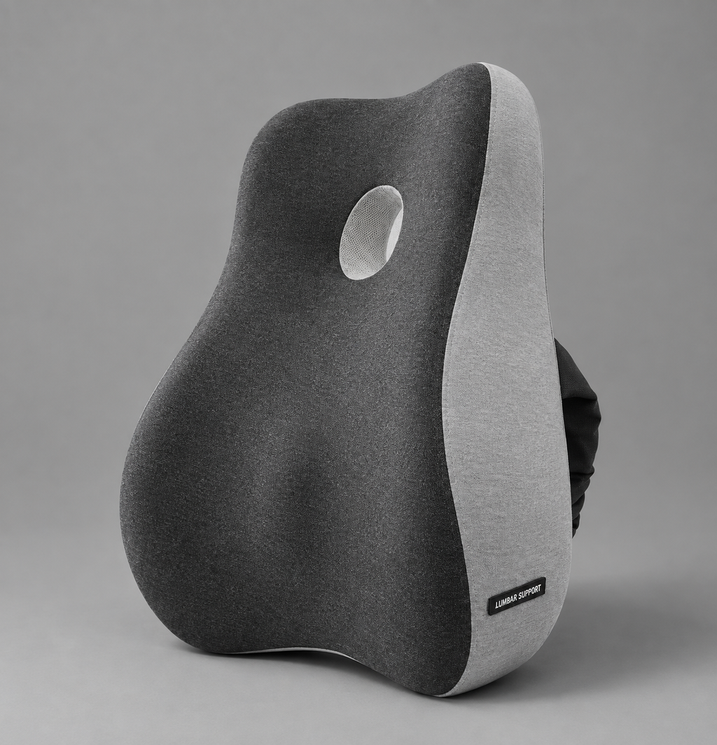 OrthoCore charcoal grey contoured memory foam lumbar support pillow on a plain studio background