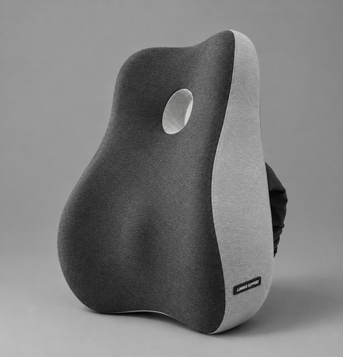 OrthoCore charcoal grey contoured memory foam lumbar support pillow on a plain studio background