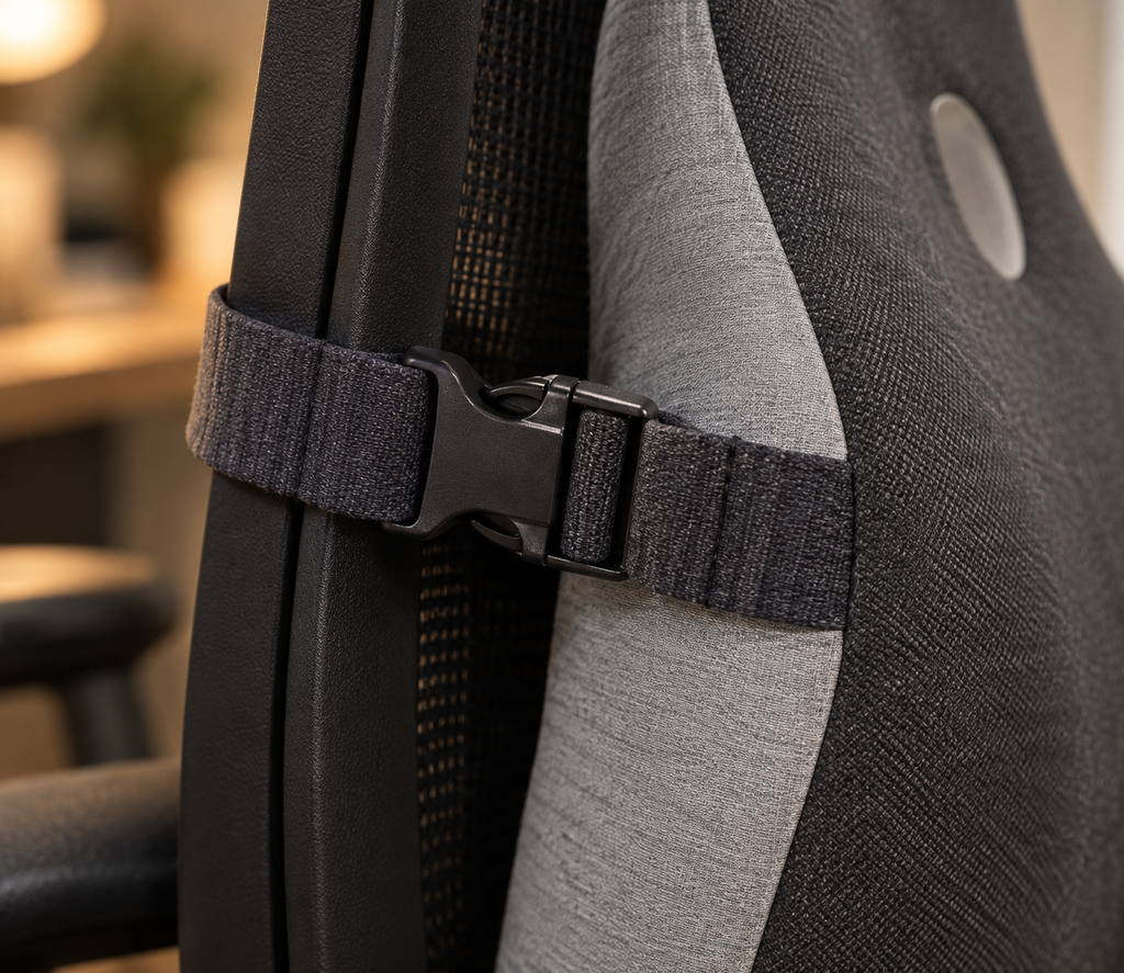 Close-up of the adjustable buckle strap holding the OrthoCore lumbar pillow to a chair back