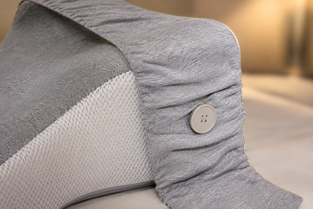 Close-up of the OrthoCore knee pillow showing the grey knit top and breathable mesh sides