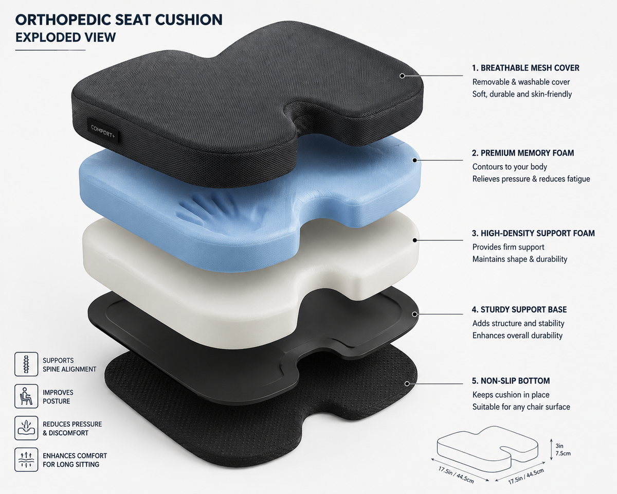 Exploded view of the OrthoCore seat cushion showing the cover, foam core and non-slip base