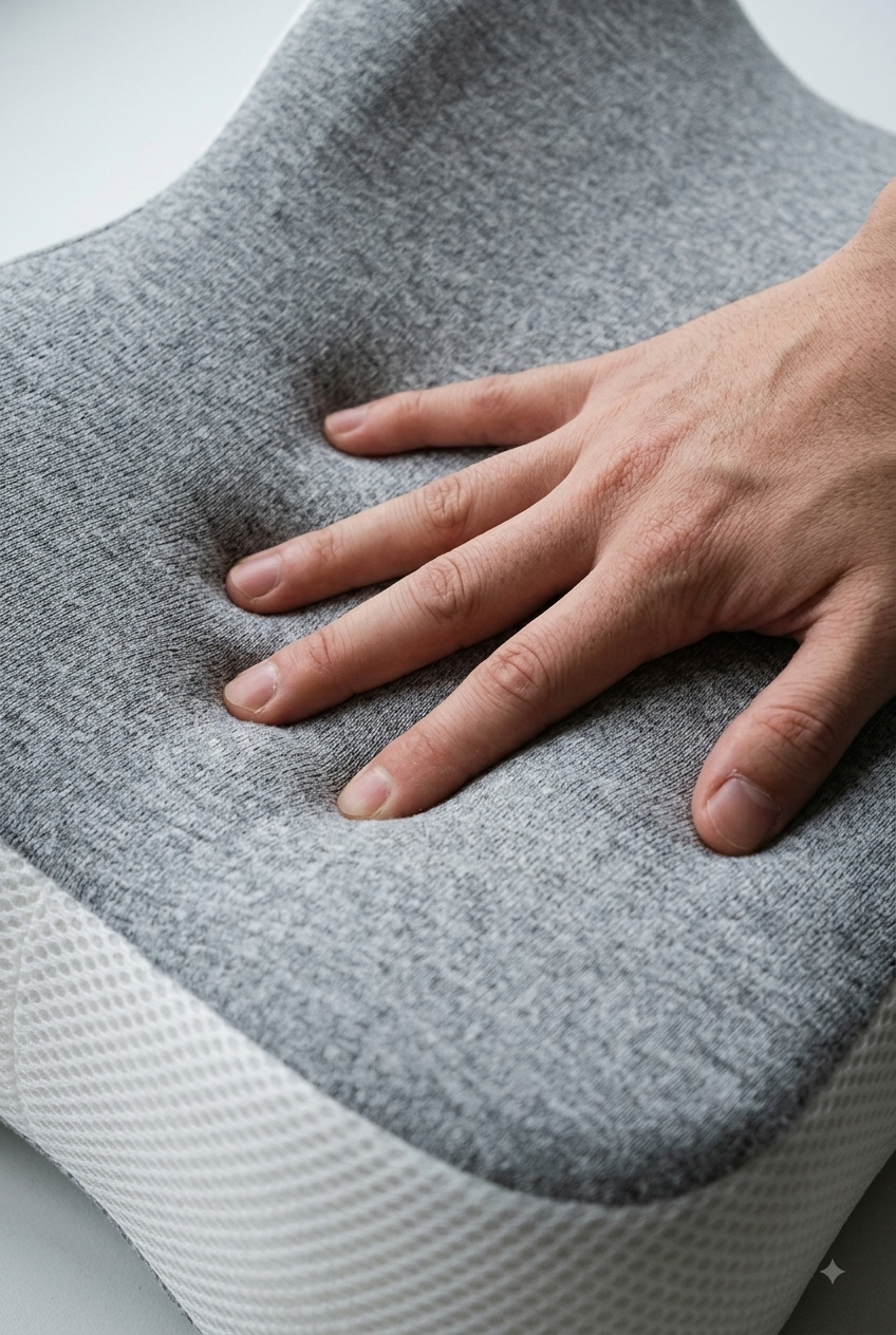 Hand pressing into the OrthoCore knee pillow showing the slow-rebound memory foam compress