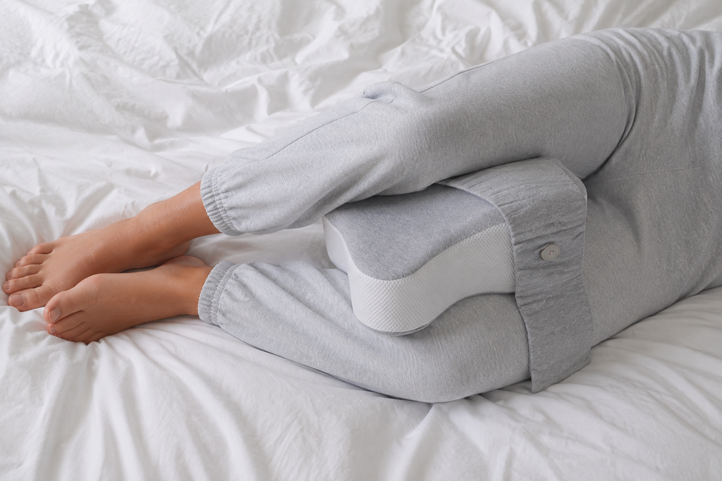 OrthoCore knee pillow positioned between the knees of a person sleeping on their side