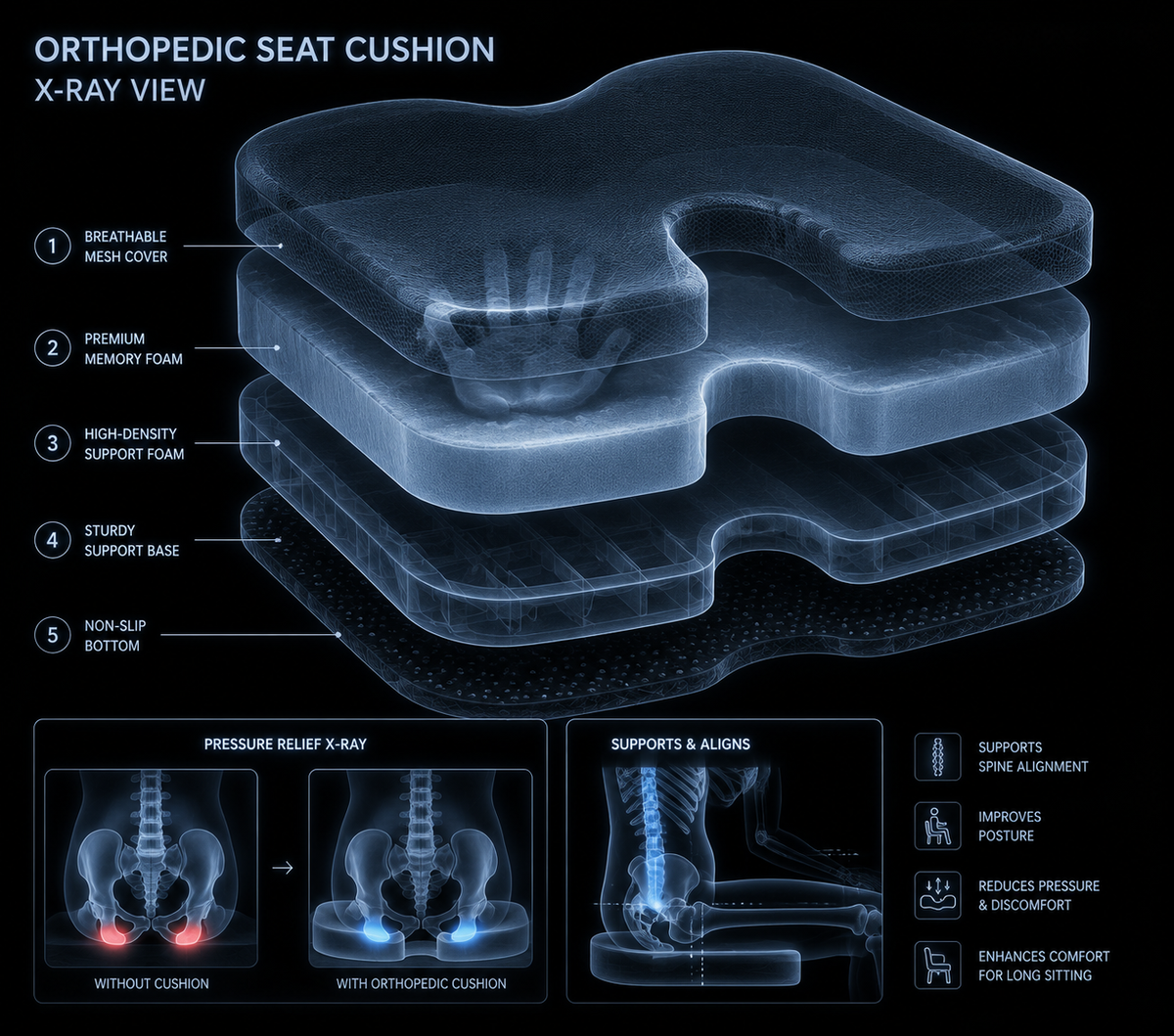 Cutaway view of the OrthoCore seat cushion showing its contoured internal shape