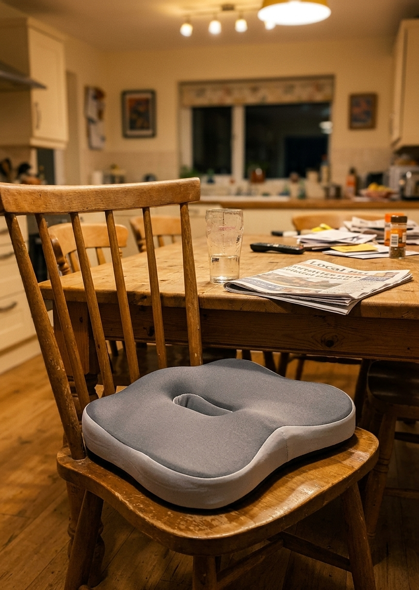 OrthoCore grey seat cushion on a wooden dining chair in a family kitchen