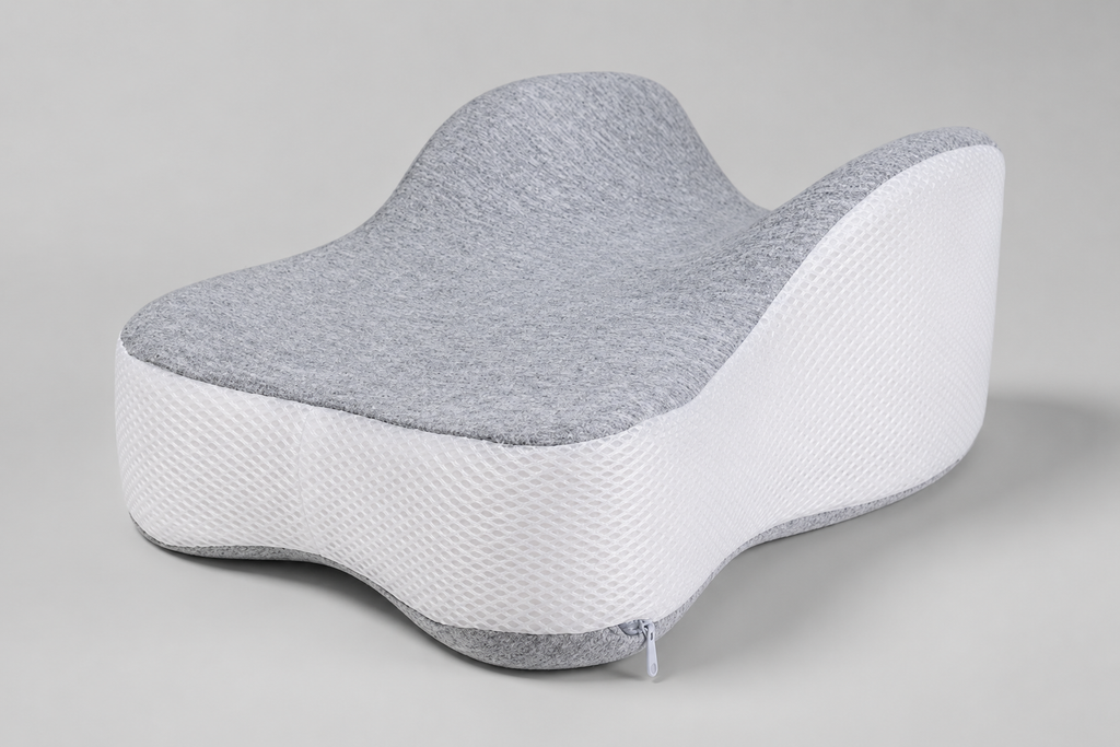 OrthoCore grey contoured memory foam knee pillow on a plain studio background